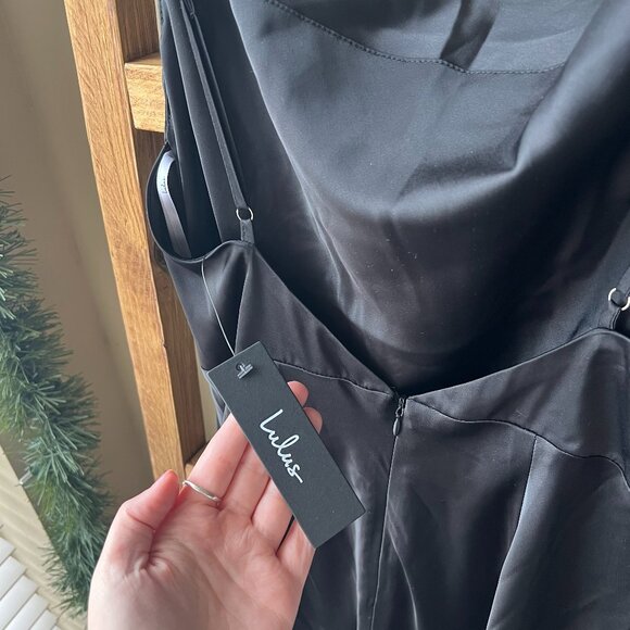 Lulus Impressive Energy Black Satin Asymmetrical Maxi Dress - Picture 4 of 4